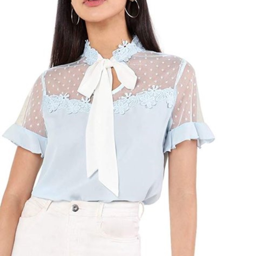 Tie Nec Mesh Patchwork Blouse Light Blue